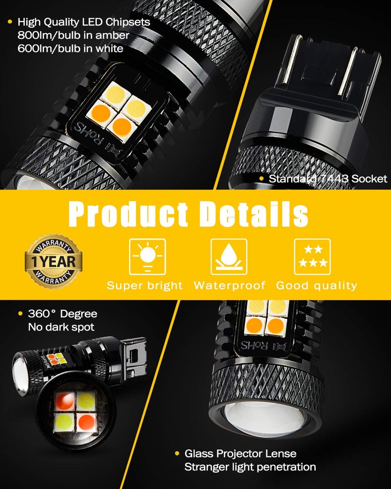 BRISHINE 7443 Switchback LED Bulbs Extremely Bright 3030 Chipsets Xenon White/Amber Yellow 7444 992 W21W T20 LED Light Bulbs with Projector for Turn Signal Lights(Pack of 2) - Image 3